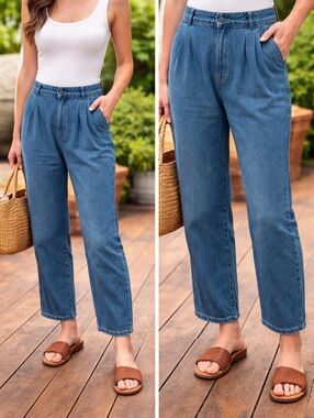 Gap High Rise Wide Leg Jeans Women Blue Denim Pleated Front 10 Ankle Length